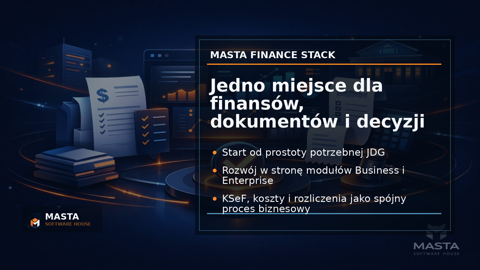 Duża grafika podsumowująca kierunek MastaInvoicer 2026 z modułami JDG, Business i Enterprise oraz ikonami faktur, kosztów, KSeF i AI.