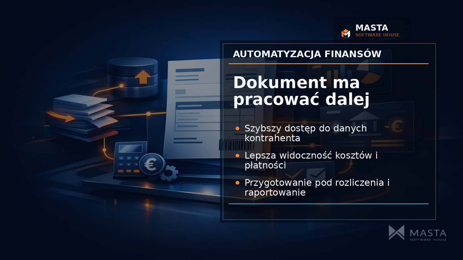 Infografika premium pokazująca ścieżkę od dokumentu przez bazę klienta i koszty do decyzji finansowej, utrzymana w nowoczesnym stylu software house.