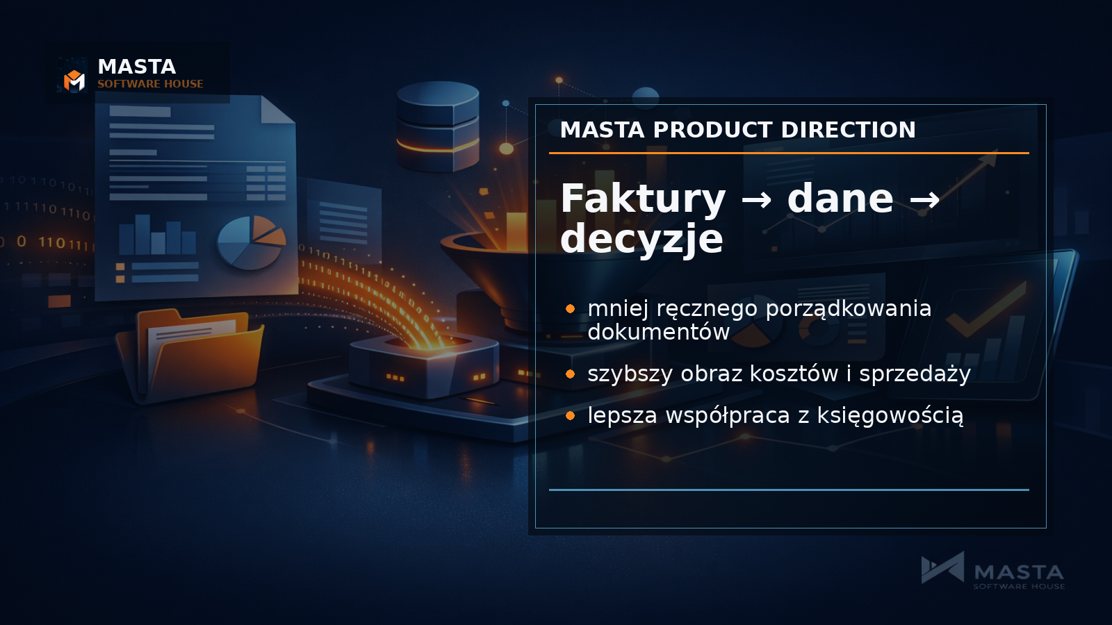 Premium grafika editorial przedstawiająca ciemny panel finansowy z kartami faktur, kosztów i klientów oraz subtelnym brandingiem MASTA SOFTWARE HOUSE.