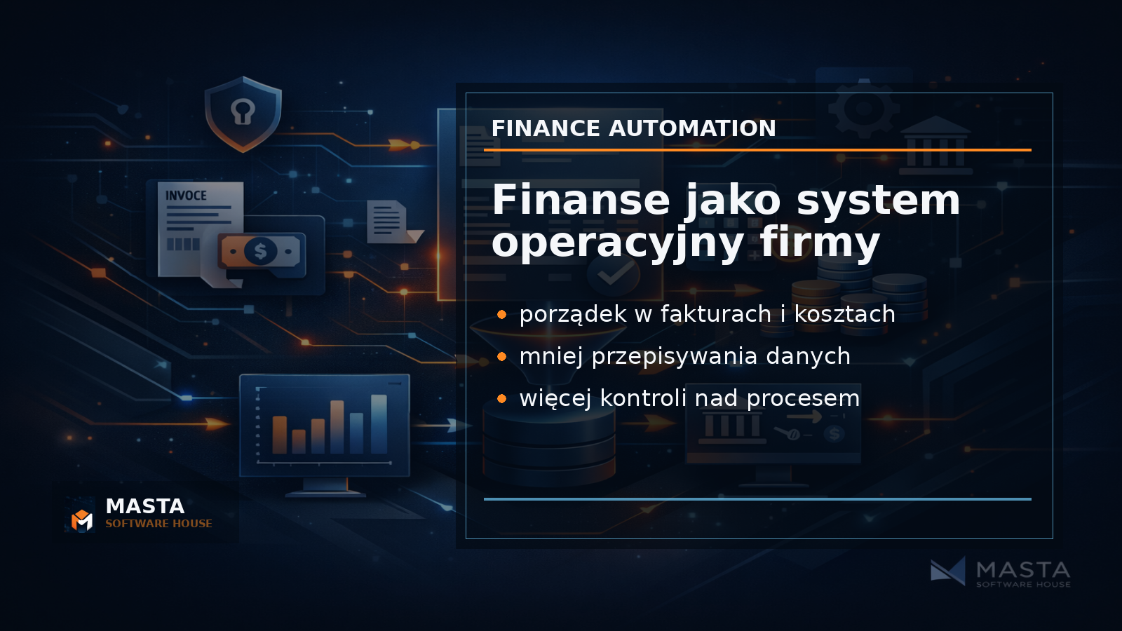 Duża grafika podsumowująca z trzema kolumnami JDG, Business i Enterprise, ikonami finansów oraz subtelnym znakiem M i napisem MASTA SOFTWARE HOUSE.