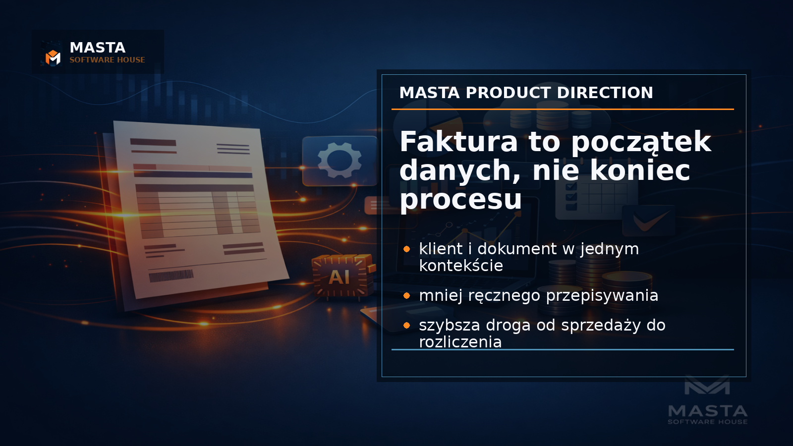 Premium editorial z mapą przepływu danych między fakturą, klientem, kosztami i księgowością z brandingiem Masta Software House