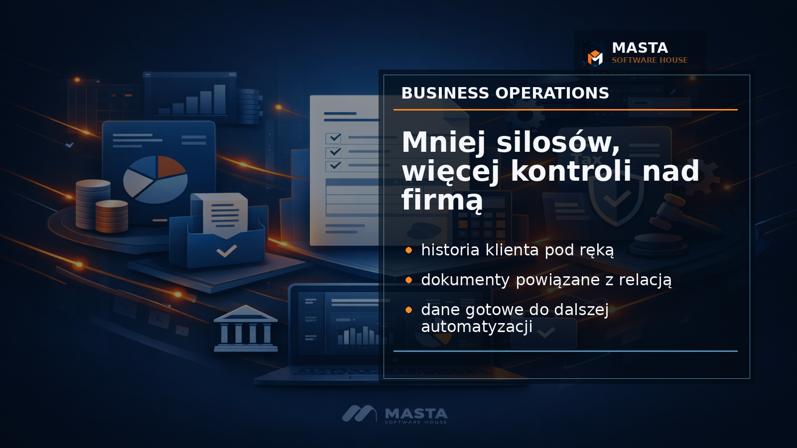 Interfejsowa grafika koncepcyjna pokazująca bazę klientów połączoną z fakturami, kosztami i statusem płatności, z subtelnym znakiem MASTA SOFTWARE HOUSE