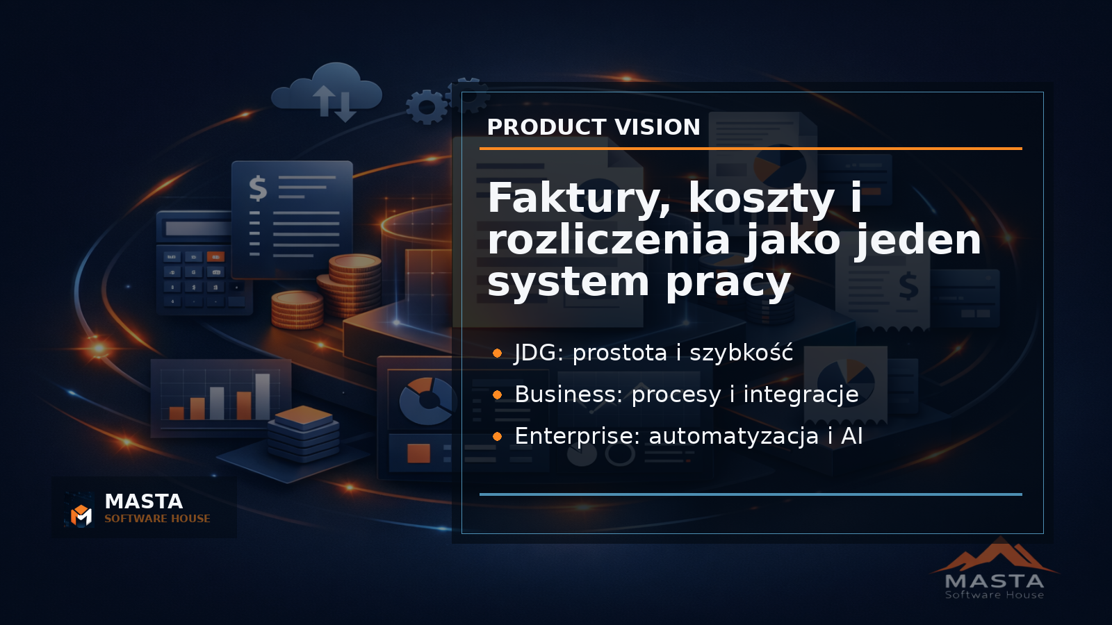 Duża grafika podsumowująca: szeroki pulpit produktu z trzema wariantami JDG, Business i Enterprise, ikonami AI oraz integracji, w estetyce premium Masta Software House