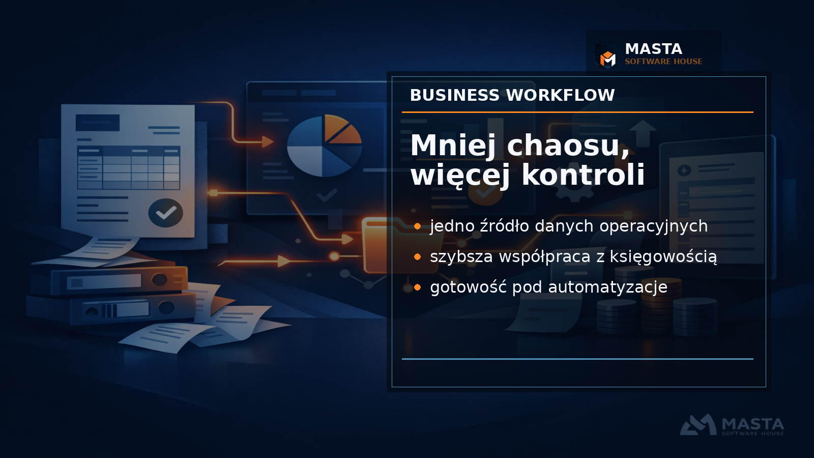 Grafika editorialowa przedstawiająca połączone moduły: klient, faktura, koszt, KSeF, rozliczenie; bez ludzi, z subtelnym oznaczeniem MASTA SOFTWARE HOUSE