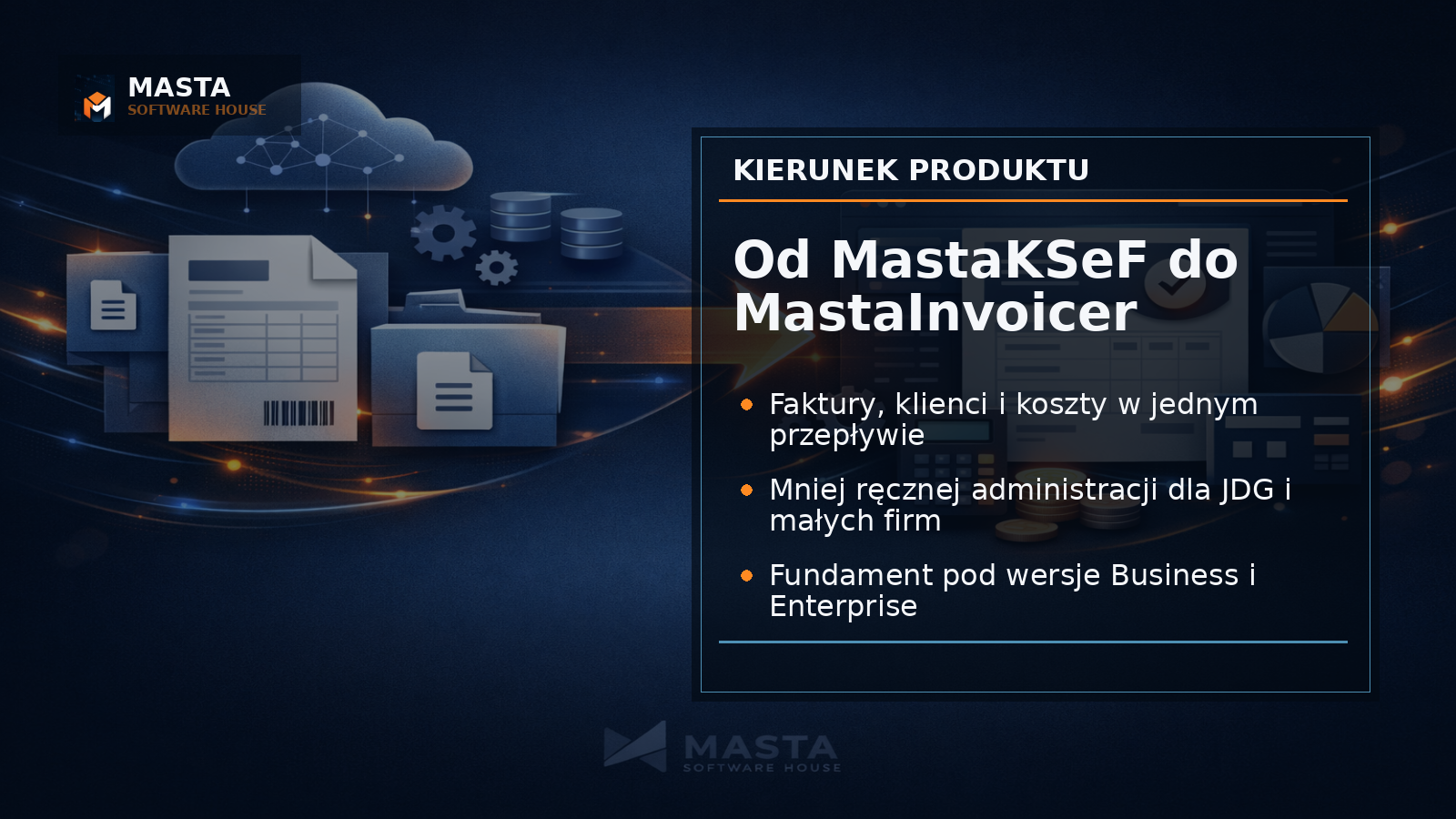 Branded editorial graphic showing invoices, clients, costs and KSeF connected in one clean business workflow with Masta Software House branding.