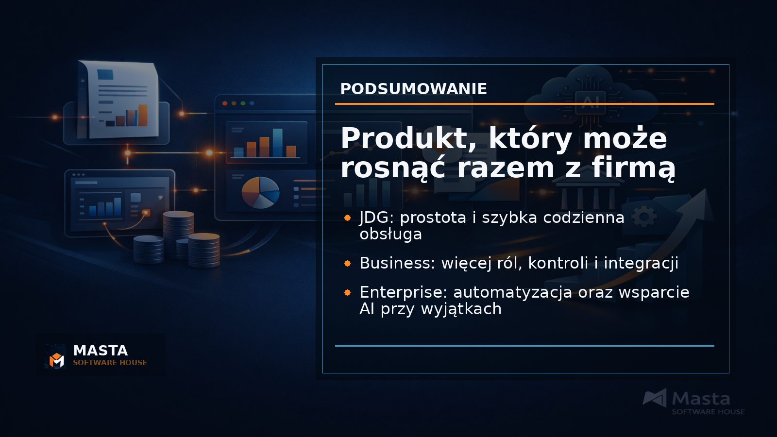 Large premium editorial summary graphic with three product tiers: JDG, Business and Enterprise AI, connected to KSeF and automation layer, with subtle Masta Software House mark.