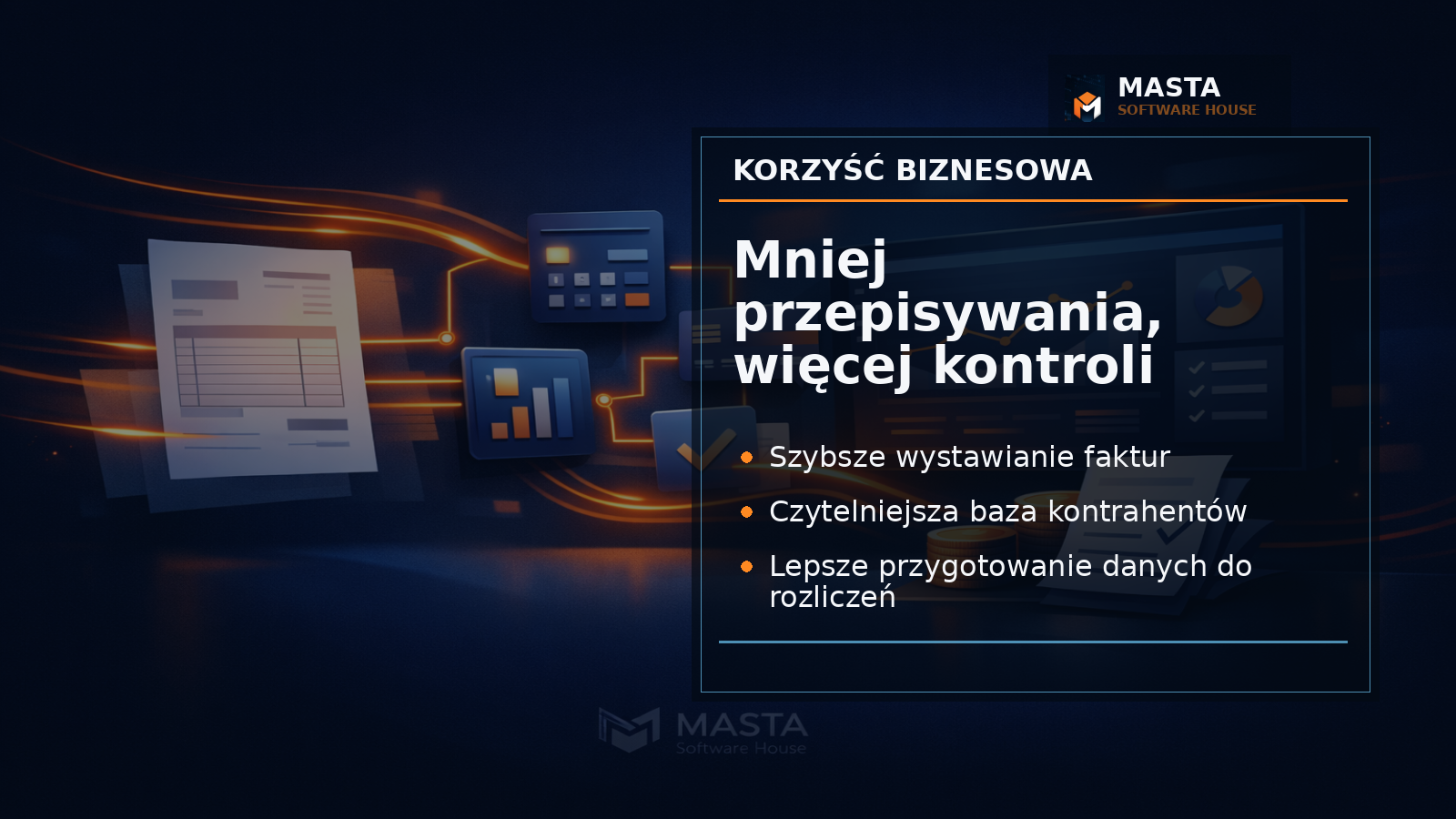 Premium dark interface illustration with modules for customer database, invoices, costs, KSeF, JPK, ZUS and PIT-5 connected by subtle cyan and amber lines, branded MASTA SOFTWARE_H