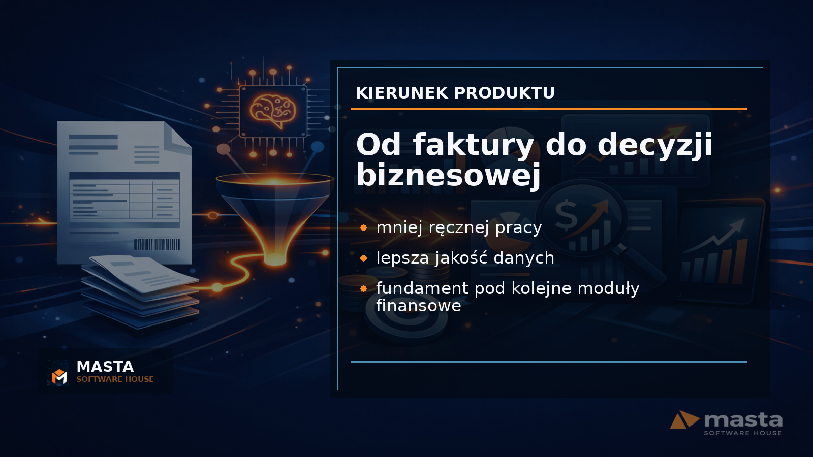 Duża grafika podsumowująca w stylu premium branded editorial: faktury, koszty, kontrahenci i decyzje biznesowe połączone w jeden system, z brandingiem M, MASTA i SOFTWARE HOUSE.