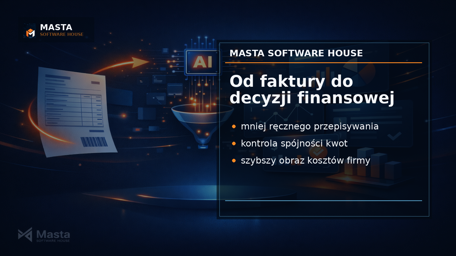 Premium grafika edytorialowa Masta Software House pokazująca fakturę przechodzącą przez warstwy importu, walidacji i decyzji biznesowej, z subtelnym watermarkiem MASTA SOFTWARE HO–