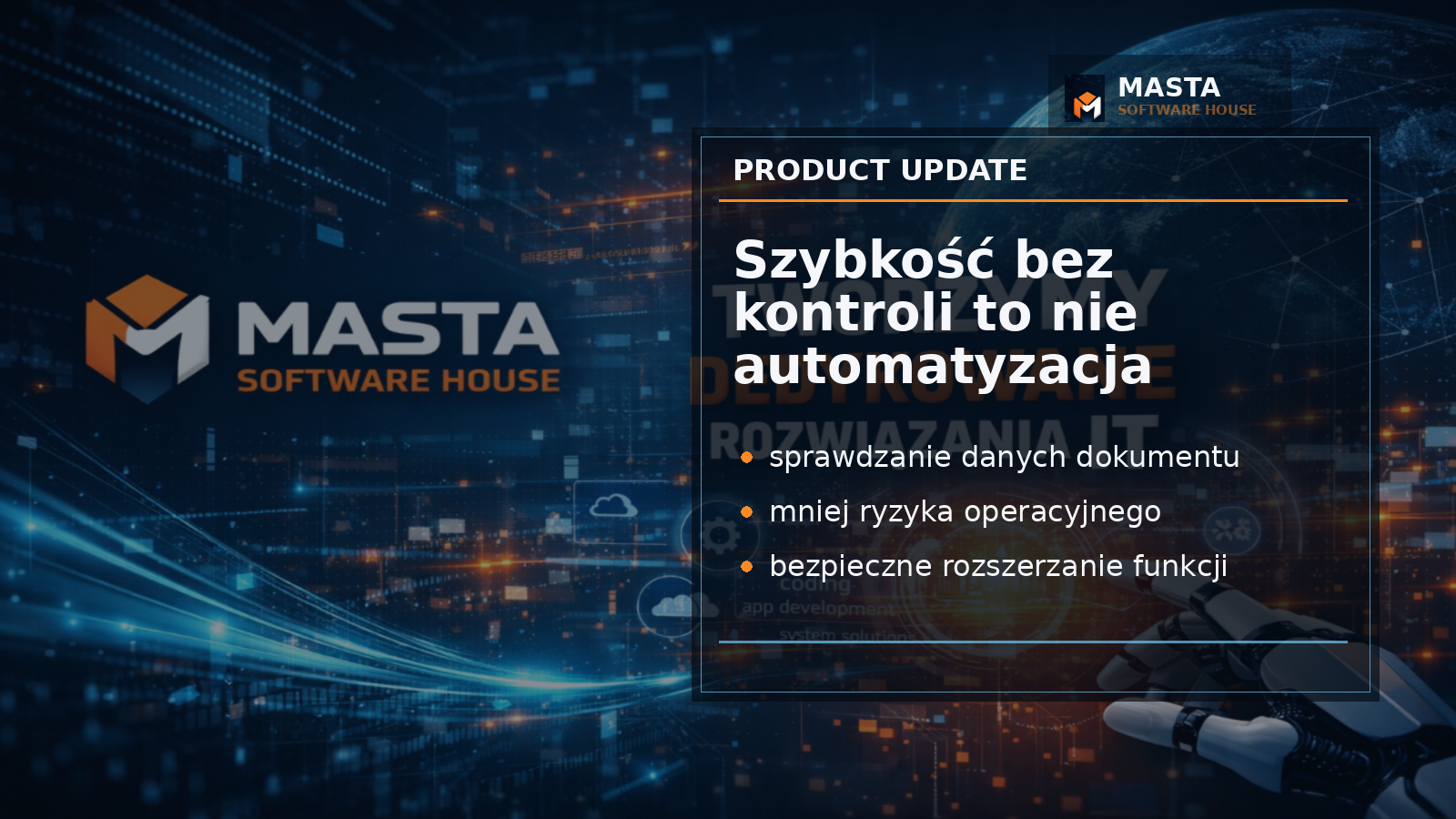 Branded editorial Masta z abstrakcyjnym panelem finansowym, liniami walidacji netto brutto i modułami kosztów, oznaczony znakiem M, MASTA i SOFTWARE HOUSE