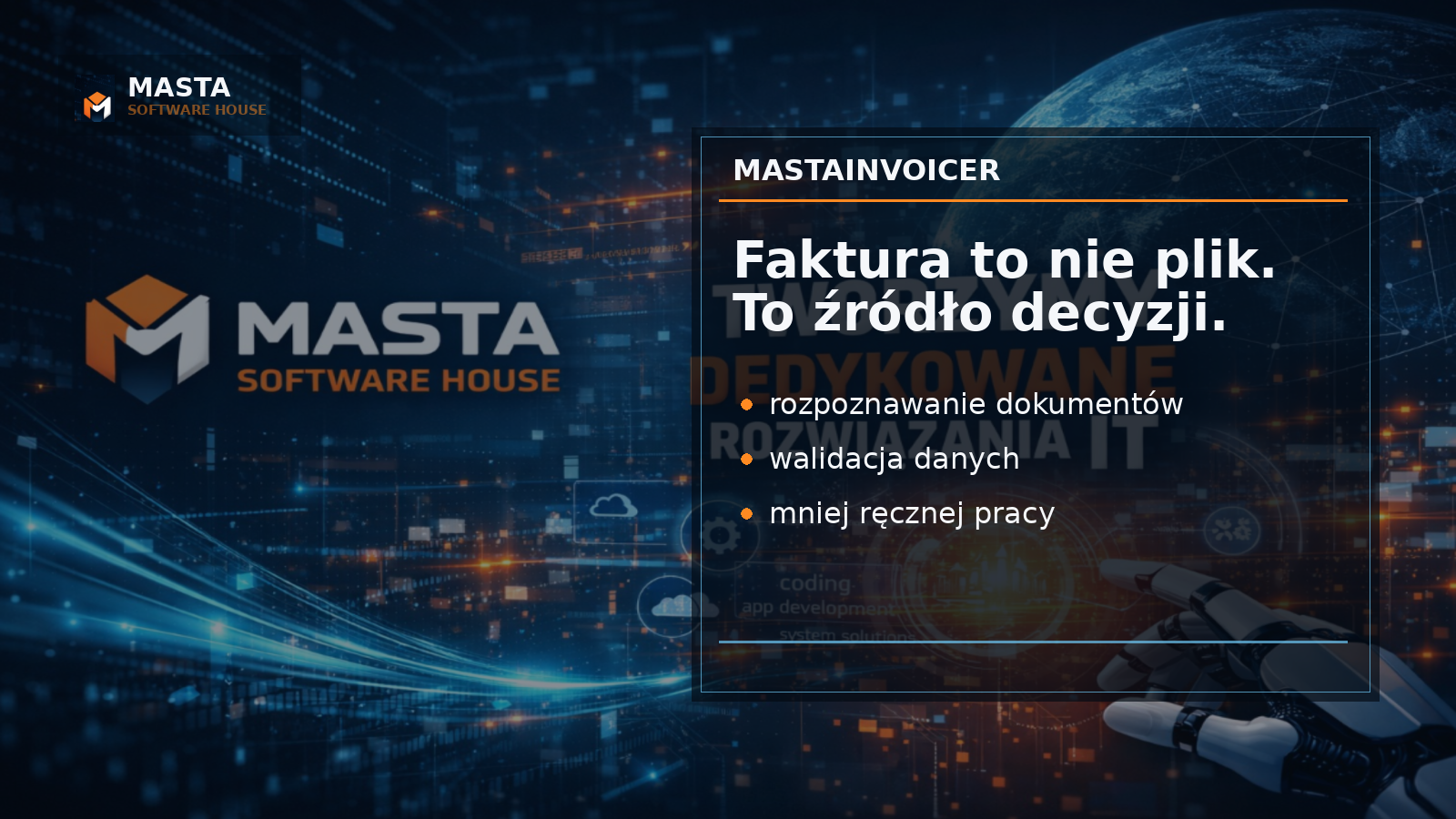 Premium editorialowa grafika Masta Software House pokazująca fakturę przechodzącą w uporządkowane dane finansowe, z subtelnym znakiem M, napisem MASTA i mniejszym SOFTWARE HOUSE.