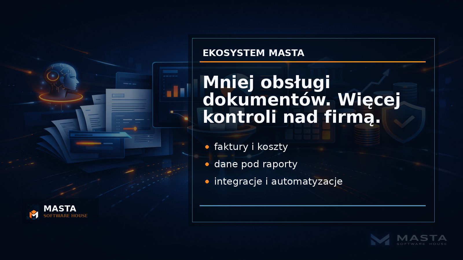 Szeroka grafika podsumowująca ekosystem MastaInvoicer: faktury, koszty, klienci, raporty i rozliczenia, z subtelnym brandingiem MASTA SOFTWARE HOUSE.