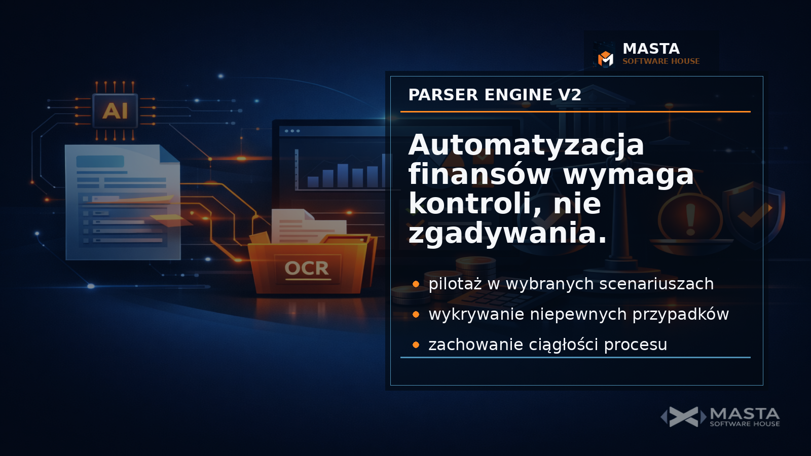Branded diagram w stylu premium pokazujący bezpieczny przepływ faktur przez rozpoznawanie, walidację i weryfikację, z watermarkiem Masta Software House.