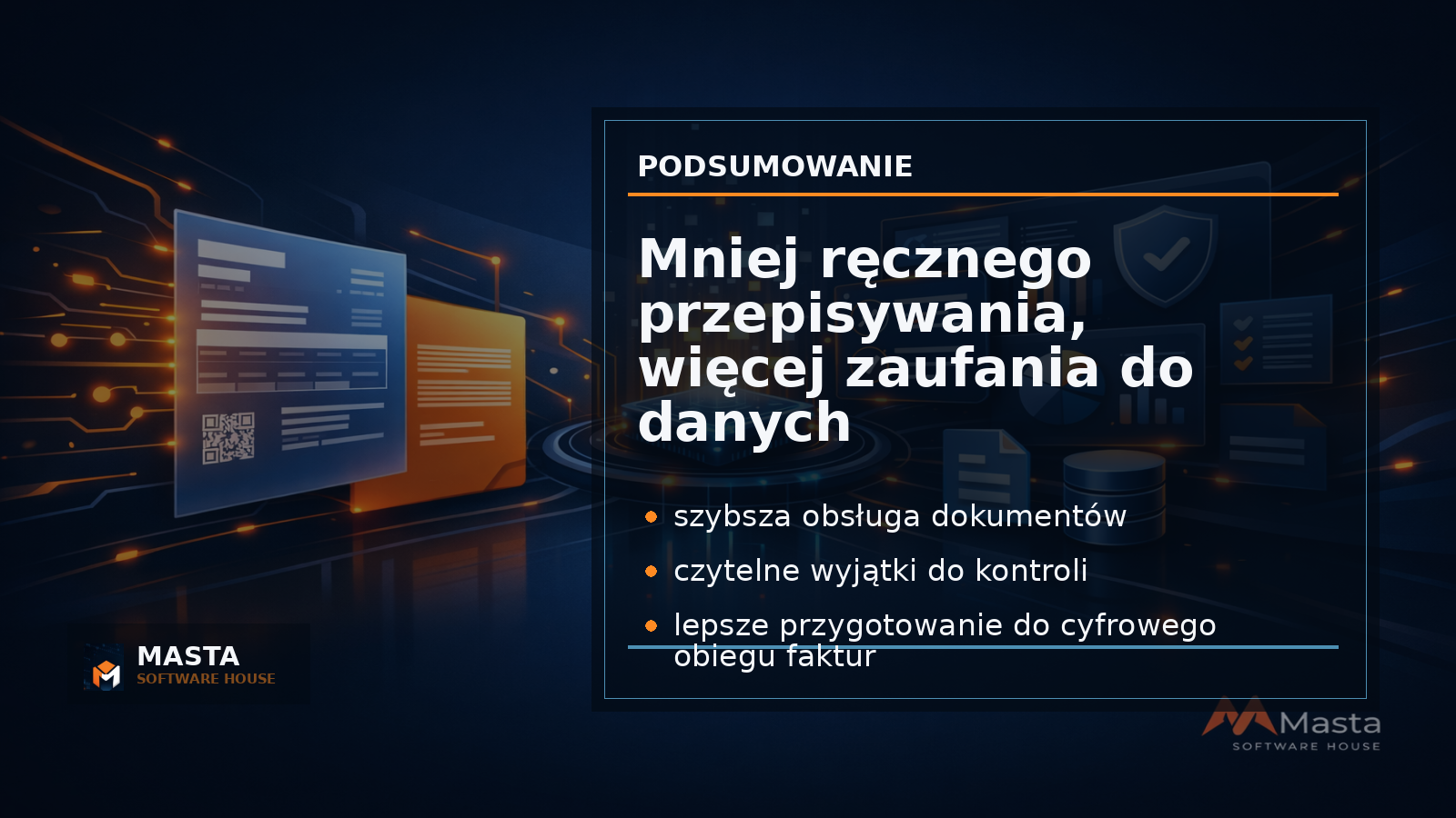 Duża grafika podsumowująca z mapą procesu: faktura, parser, walidacja, review, dane do dalszego obiegu, z subtelnym brandingiem MASTA SOFTWARE HOUSE