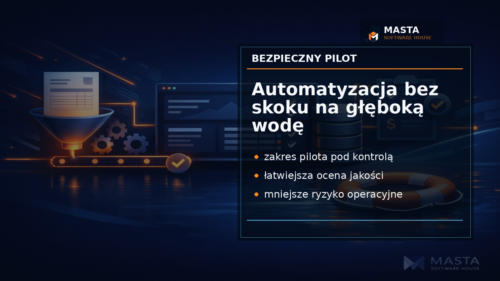 Branded editorial diagram z listą NIP-ów pilotażowych, przełącznikiem V2 i ścieżką powrotu do stabilnego procesu