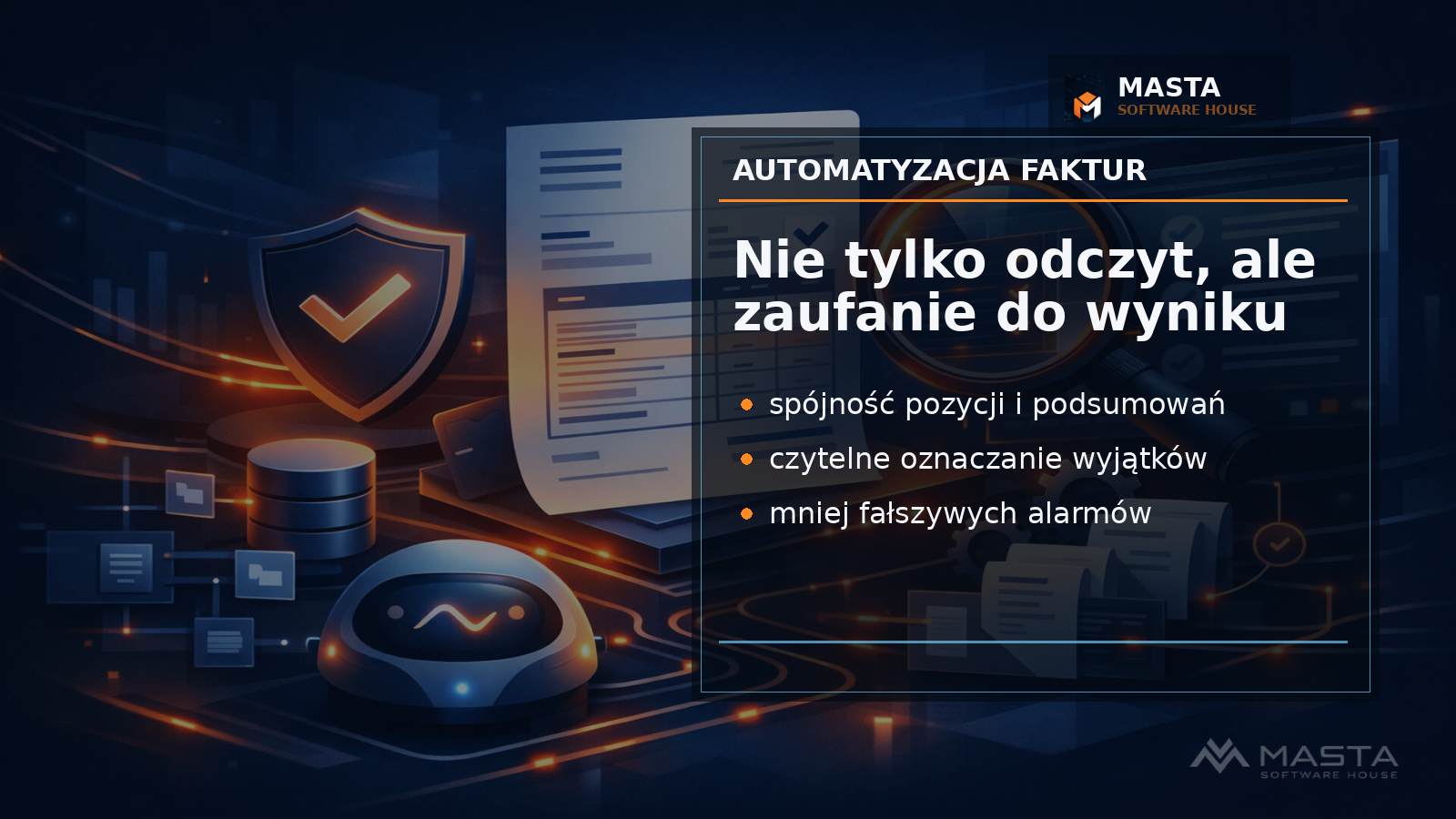 Branded editorial Masta Software House z abstrakcyjną tabelą faktury, sumami netto brutto i sygnałami wymagającymi weryfikacji.