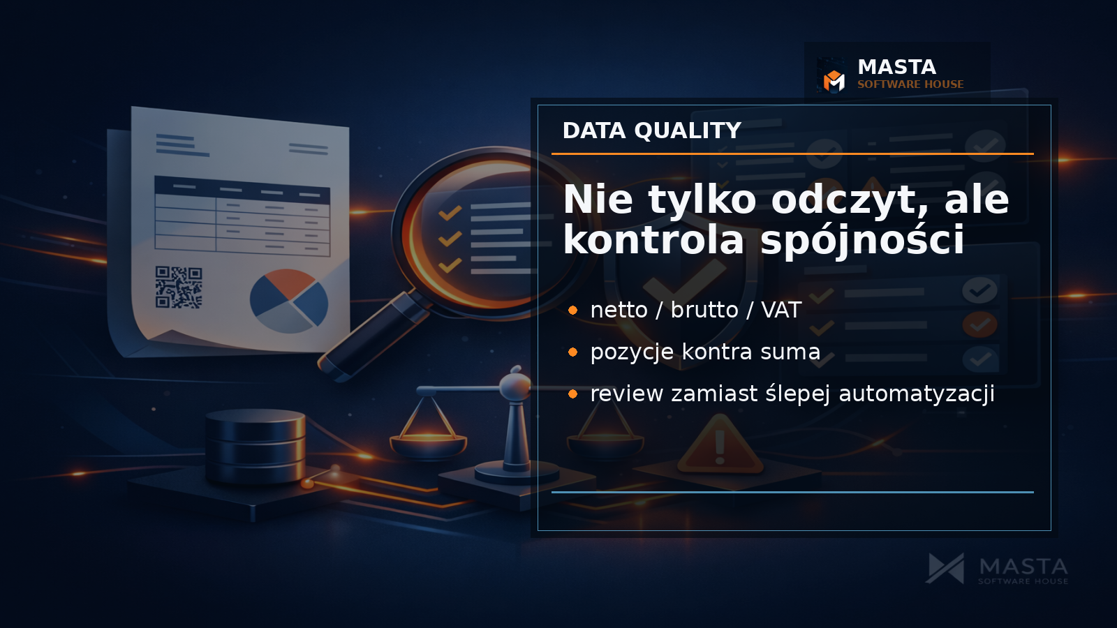 Premium technical illustration of invoice rows, net gross VAT totals and validation status blocks on a dark business interface with MASTA SOFTWARE HOUSE watermark.