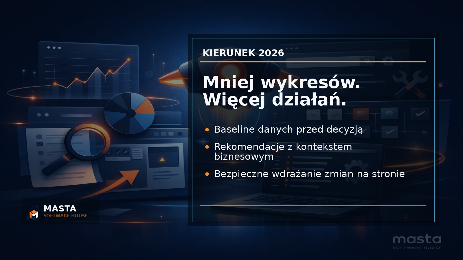 Duża grafika podsumowująca z mapą sygnałów SEO, analityki, treści i wdrożeń, z eleganckim watermarkiem MASTA SOFTWARE HOUSE.