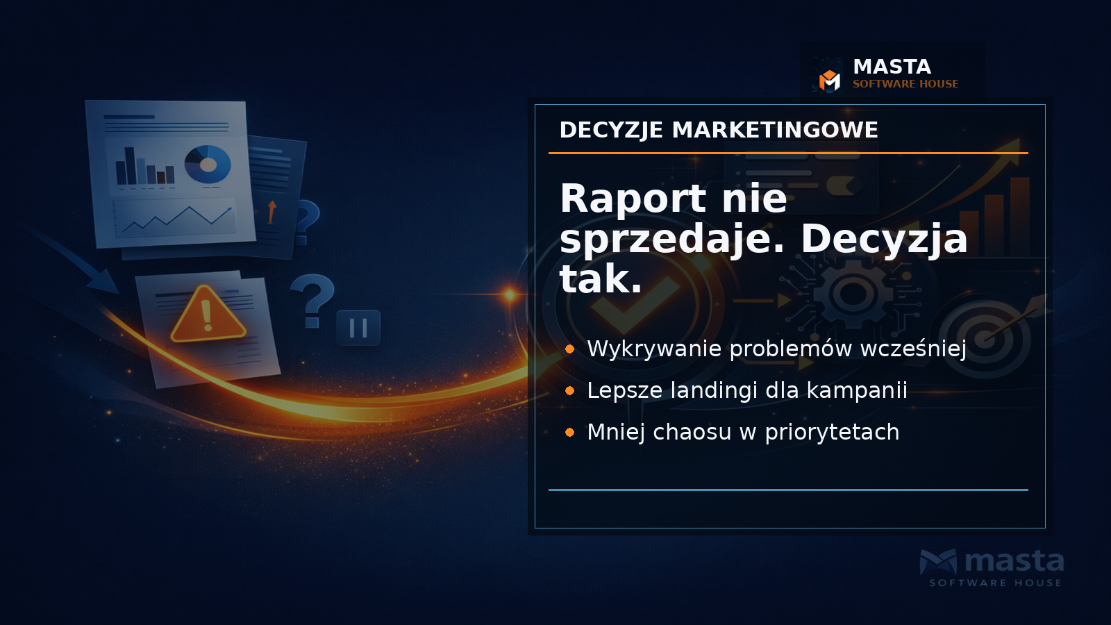 Editorialowa grafika z widokiem lejka marketingowego, modułami SEO, kampanii i strony WWW, z dyskretnym brandingiem MASTA SOFTWARE HOUSE.