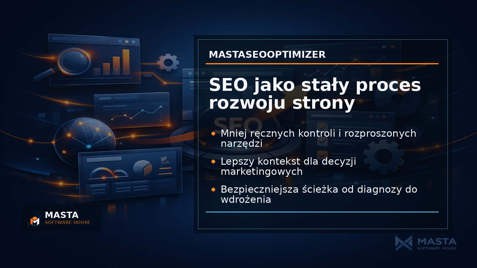 Duża grafika podsumowująca ekosystem MastaSEOOptimizer z osiami dane diagnoza rekomendacja wdrożenie i watermarkiem MASTA Software House
