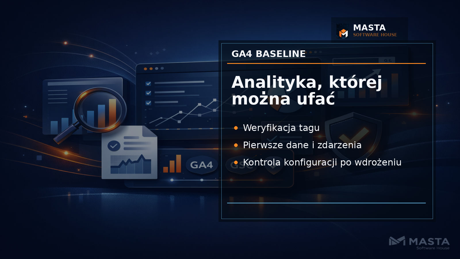 Premium grafika techniczna z panelem diagnostycznym GA4 baseline i subtelnym brandingiem Masta Software House