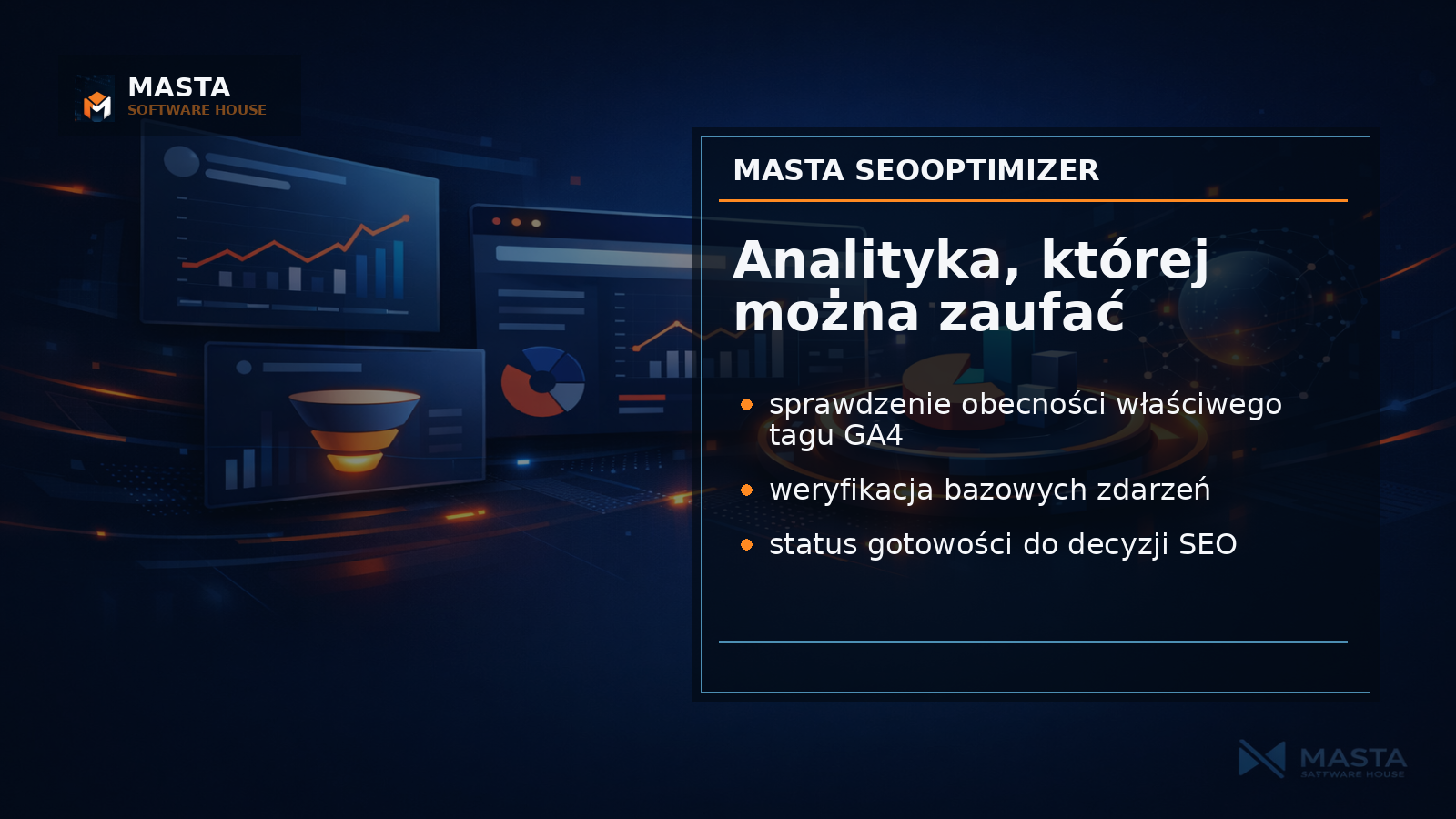 Premium editorial Masta pokazujący panel diagnostyczny GA4 baseline z warstwami: tag, zdarzenia, dane i decyzje SEO