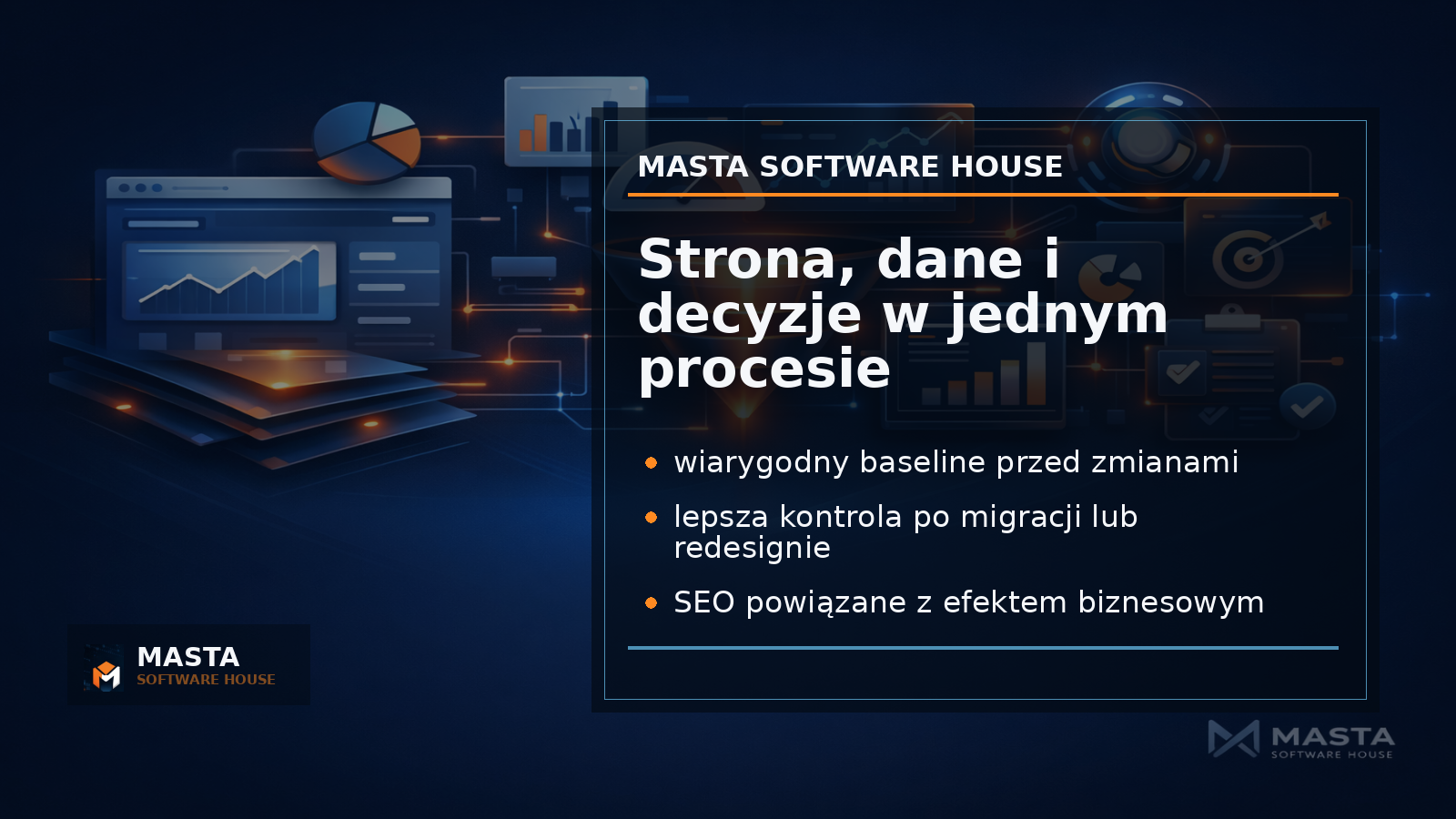 Duża grafika podsumowująca premium z mapą procesu: wdrożenie strony, analityka baseline, SEO, automatyzacja i decyzje biznesowe