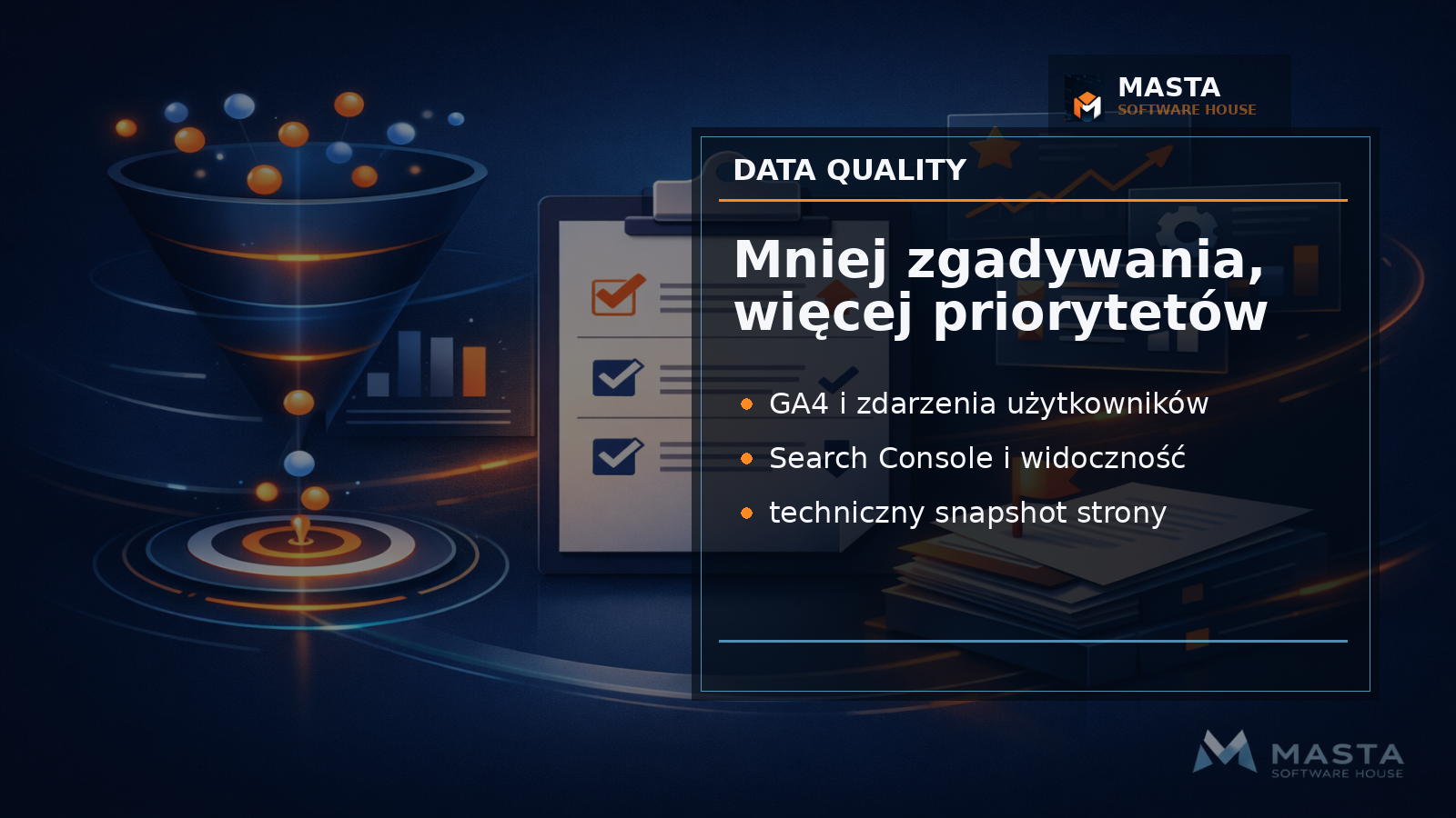 Ilustracja branded editorial z połączonymi sygnałami GA4, Search Console, PageSpeed i snapshotów technicznych strony