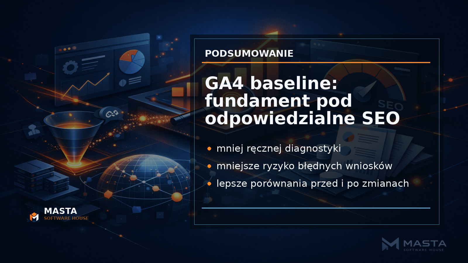 Duża grafika podsumowująca korzyści GA4 baseline: wiarygodne dane, mniej błędnych decyzji, lepsze SEO i gotowość automatyzacji, z brandingiem MASTA Software House