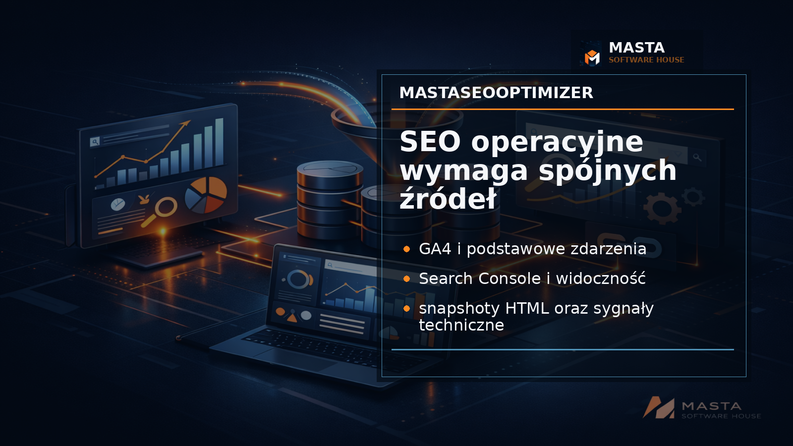 Schemat premium pokazujący połączenie GA4, Search Console, PageSpeed i snapshotów HTML w MastaSEOOptimizer, z watermarkiem MASTA Software House