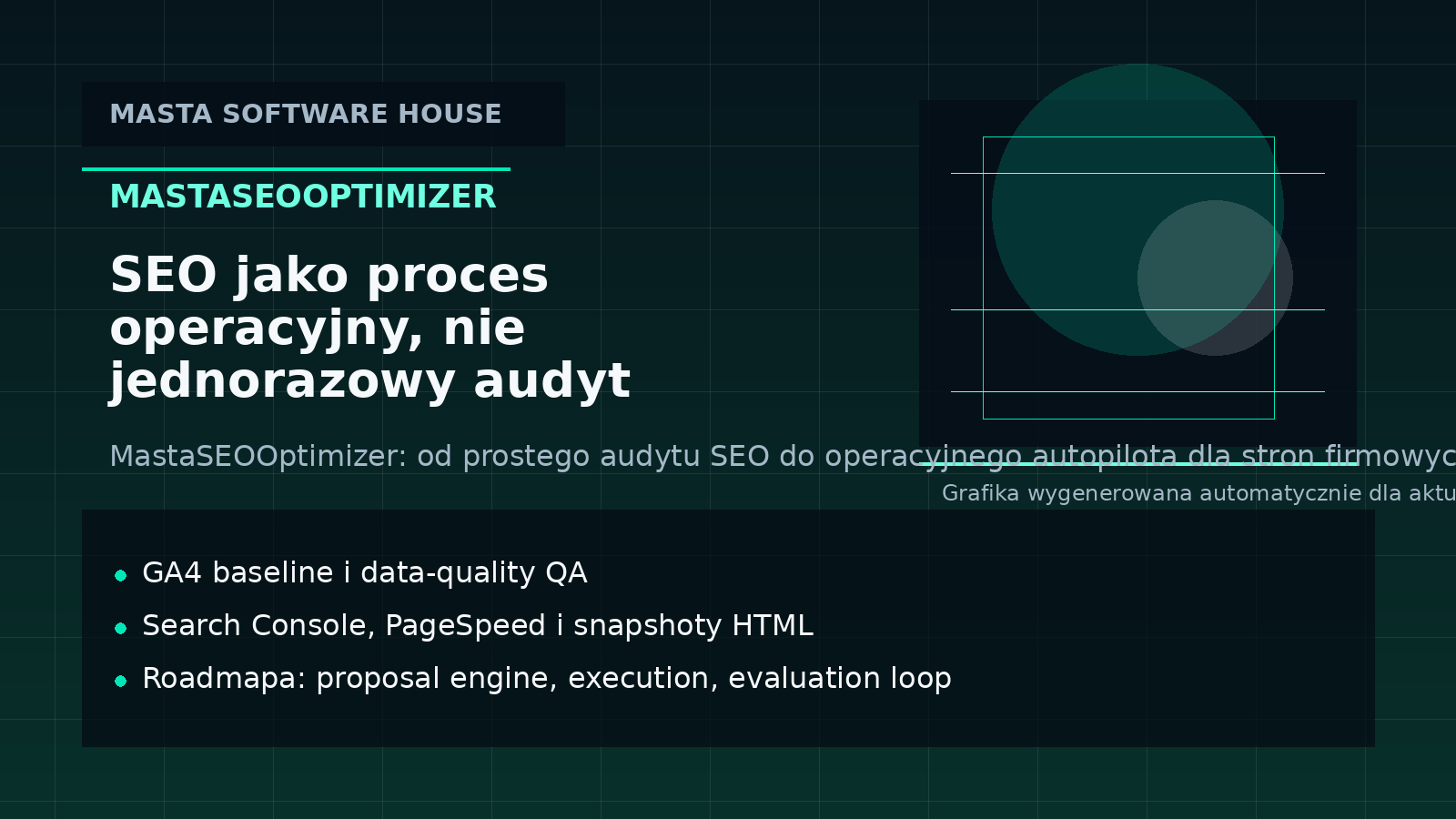 Techniczna karta MastaSEOOptimizer pokazująca pipeline SEO: GA4, Search Console, snapshoty, baseline i proposal engine
