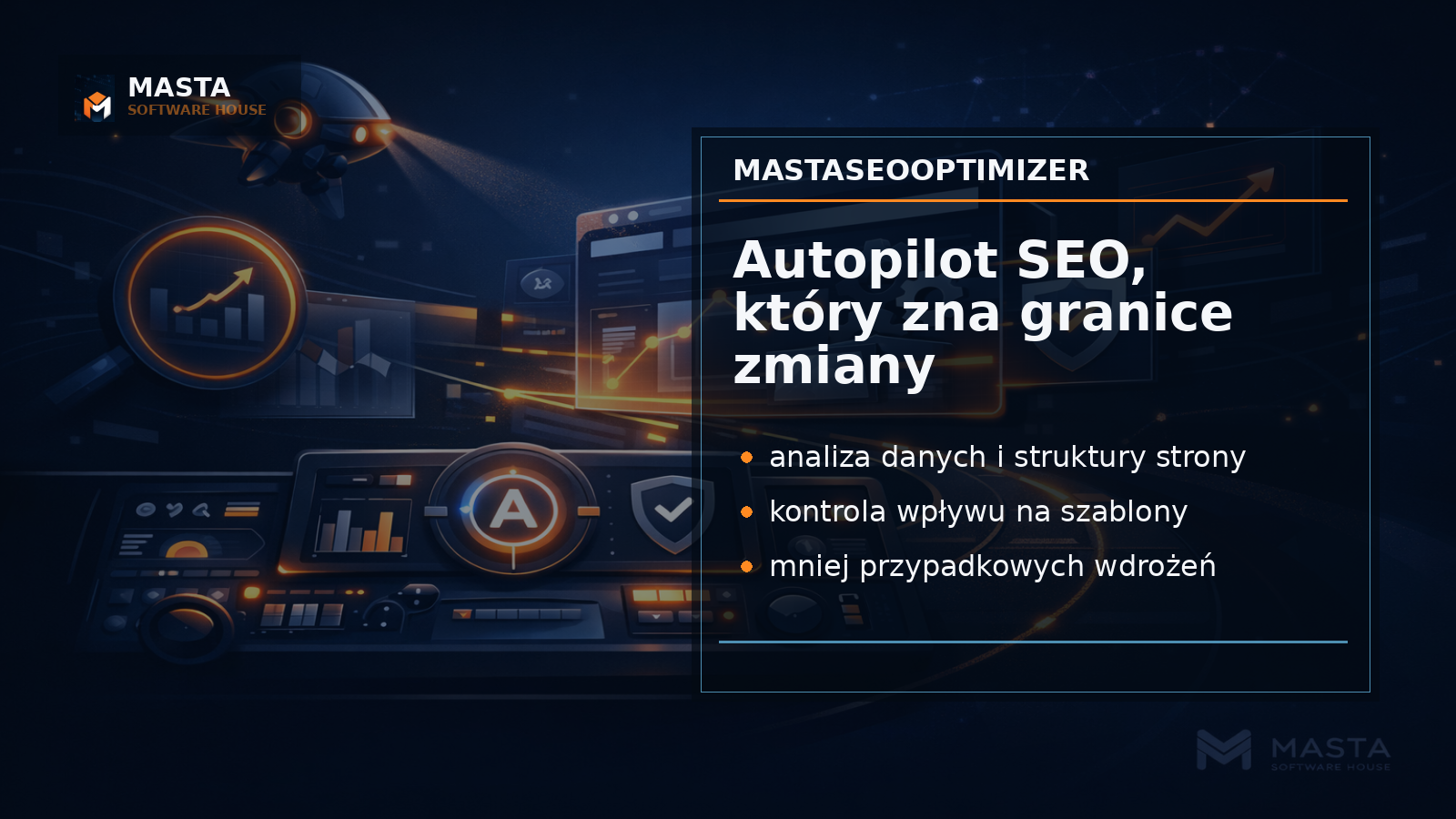 Premium editorial Masta Software House pokazujący panel SEO autopilota z wykrywaniem wpływu zmiany na grupę podstron i subtelnym brandingiem MASTA.
