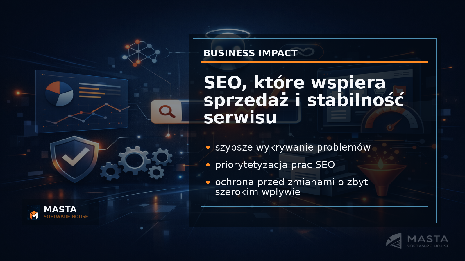 Duża grafika premium dla Masta Software House z mapą witryny, warstwą analityczną i bezpiecznymi ścieżkami wdrożeń SEO, bez zdjęć ludzi.