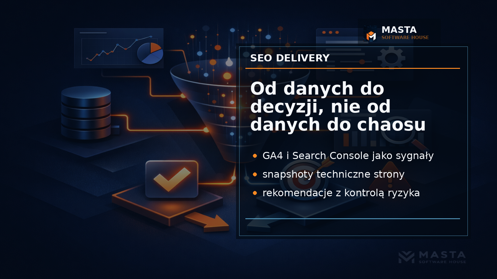 Schemat premium branded editorial dla Masta Software House: trzy warstwy SEO — dane, decyzja i bezpieczne wdrożenie — z oznaczeniem MASTA SOFTWARE HOUSE.