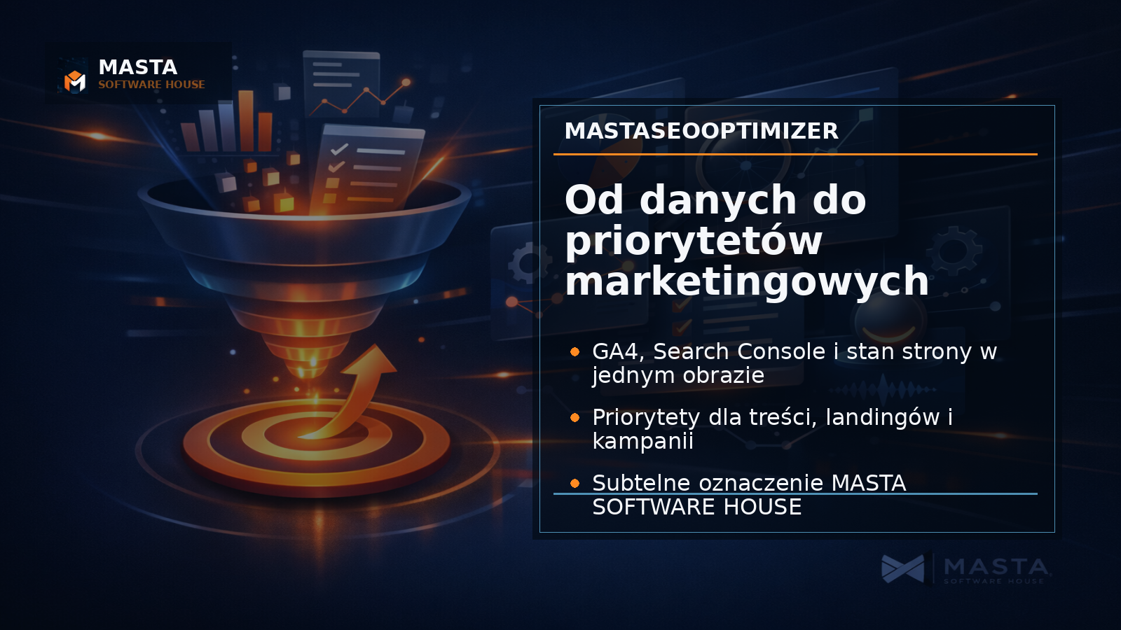 Premium editorialowa grafika pokazująca panel MastaSEOOptimizer z połączonymi sygnałami SEO, analityki i kampanii; w rogu subtelny watermark: znak M, napis MASTA i mniejszy napis M