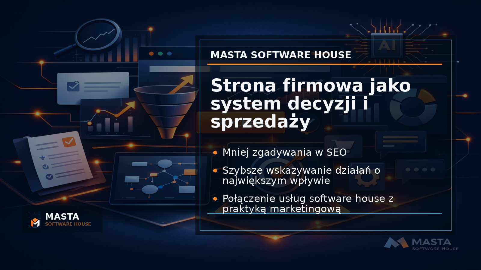 Duża grafika podsumowująca ekosystem Masta: strona WWW, SEO, kampanie, automatyzacje i integracje połączone w jedną mapę wzrostu; na dole elegancki watermark znak M, MASTA, napis M