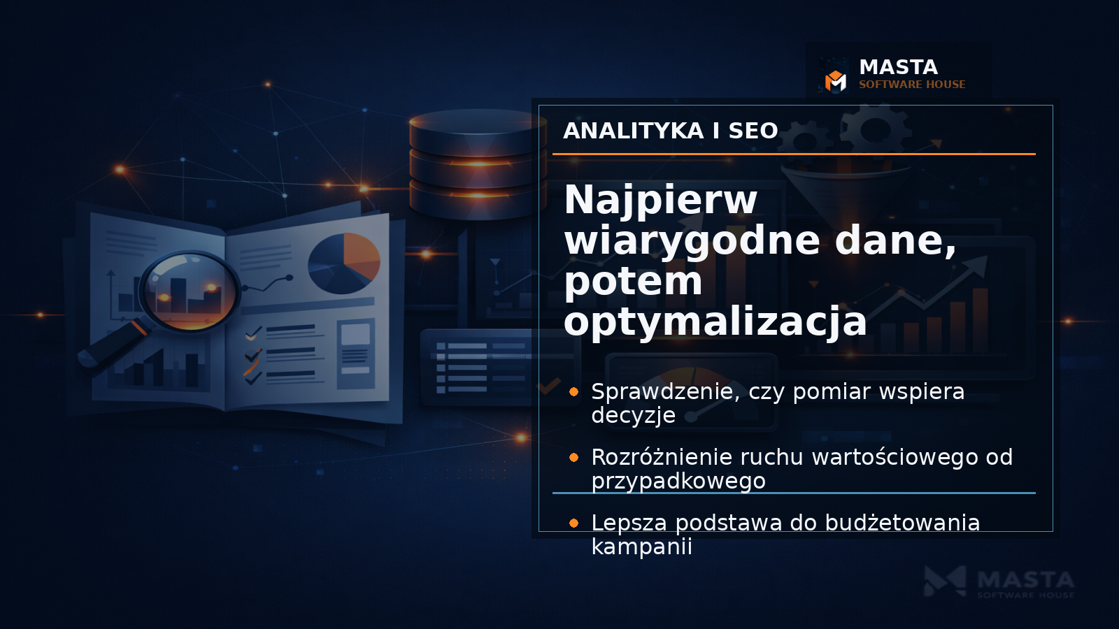 Branded editorial z abstrakcyjną mapą pomiaru: zdarzenia, landing pages, źródła ruchu i status jakości danych; widoczny subtelny watermark MASTA SOFTWARE HOUSE