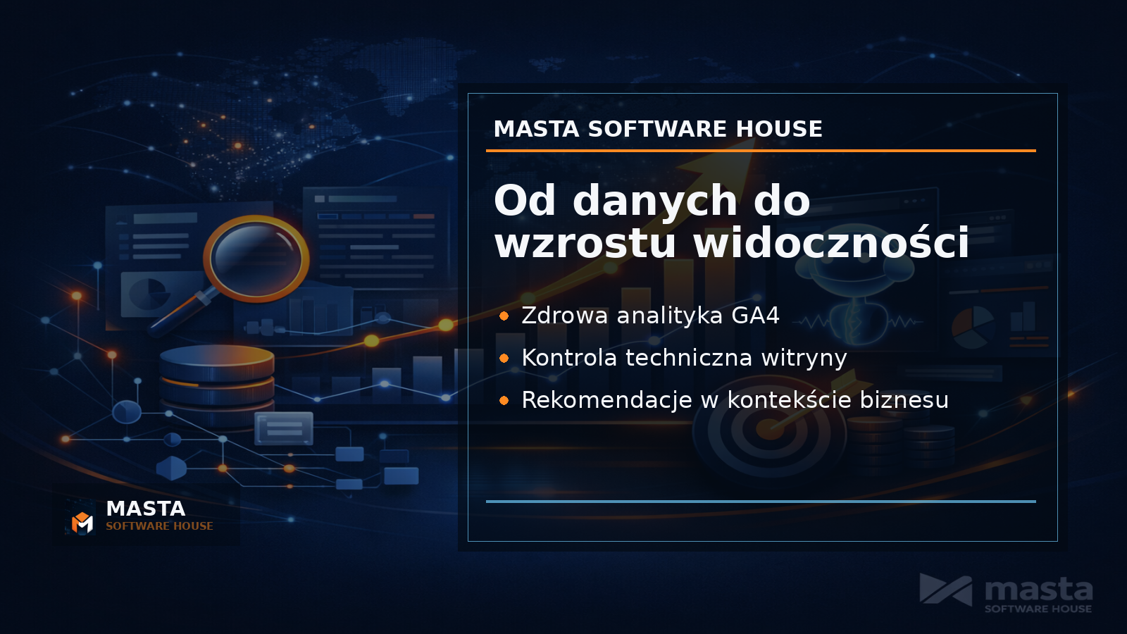 Duża grafika podsumowująca MastaSEOOptimizer jako warstwę łączącą analitykę, techniczne SEO i rekomendacje biznesowe