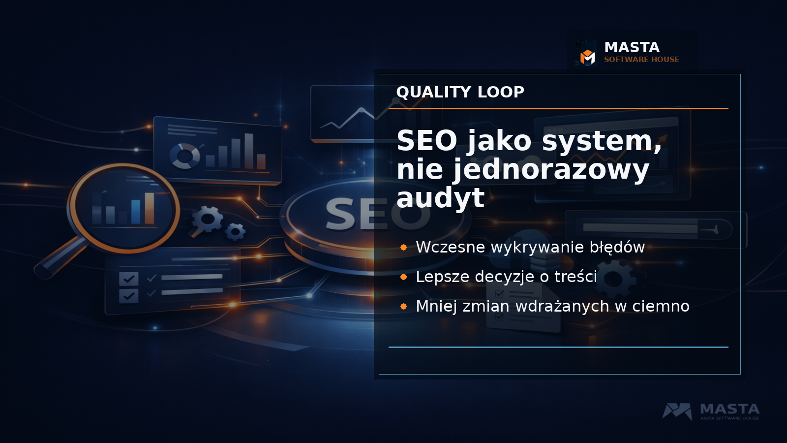 Premium grafika z mapą strony, sygnałami indeksacji, meta danymi i wskaźnikami konwersji w stylu Masta Software House