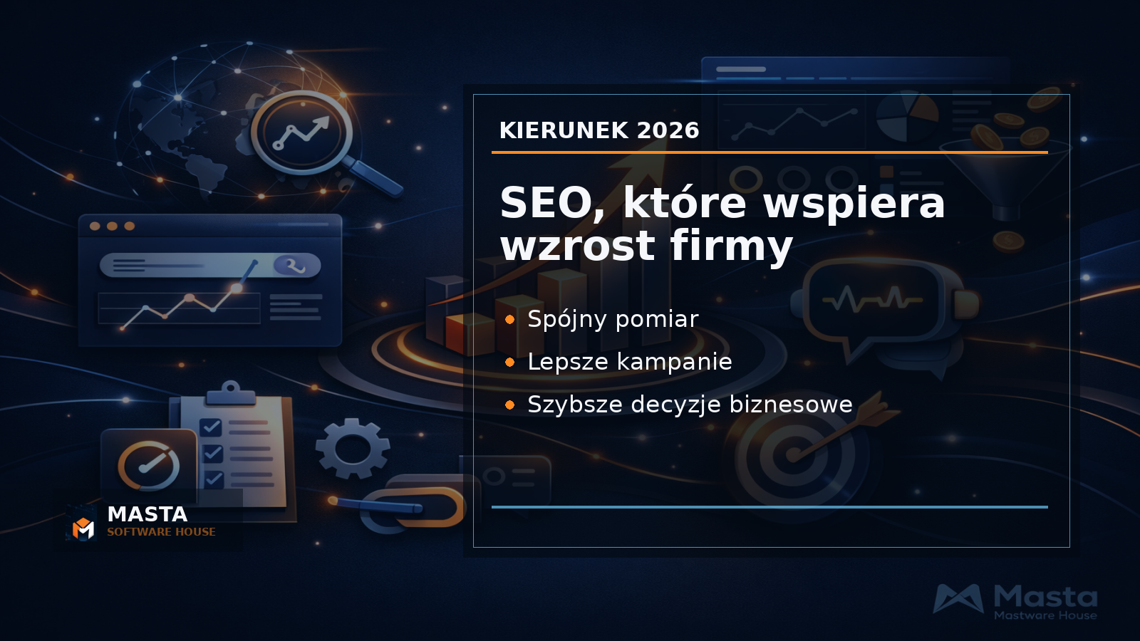 Duża grafika podsumowująca drogę od danych GA4 i SEO do decyzji sprzedażowych, z geometrycznym tłem inspirowanym dashboardem i watermarkiem MASTA SOFTWARE HOUSE.
