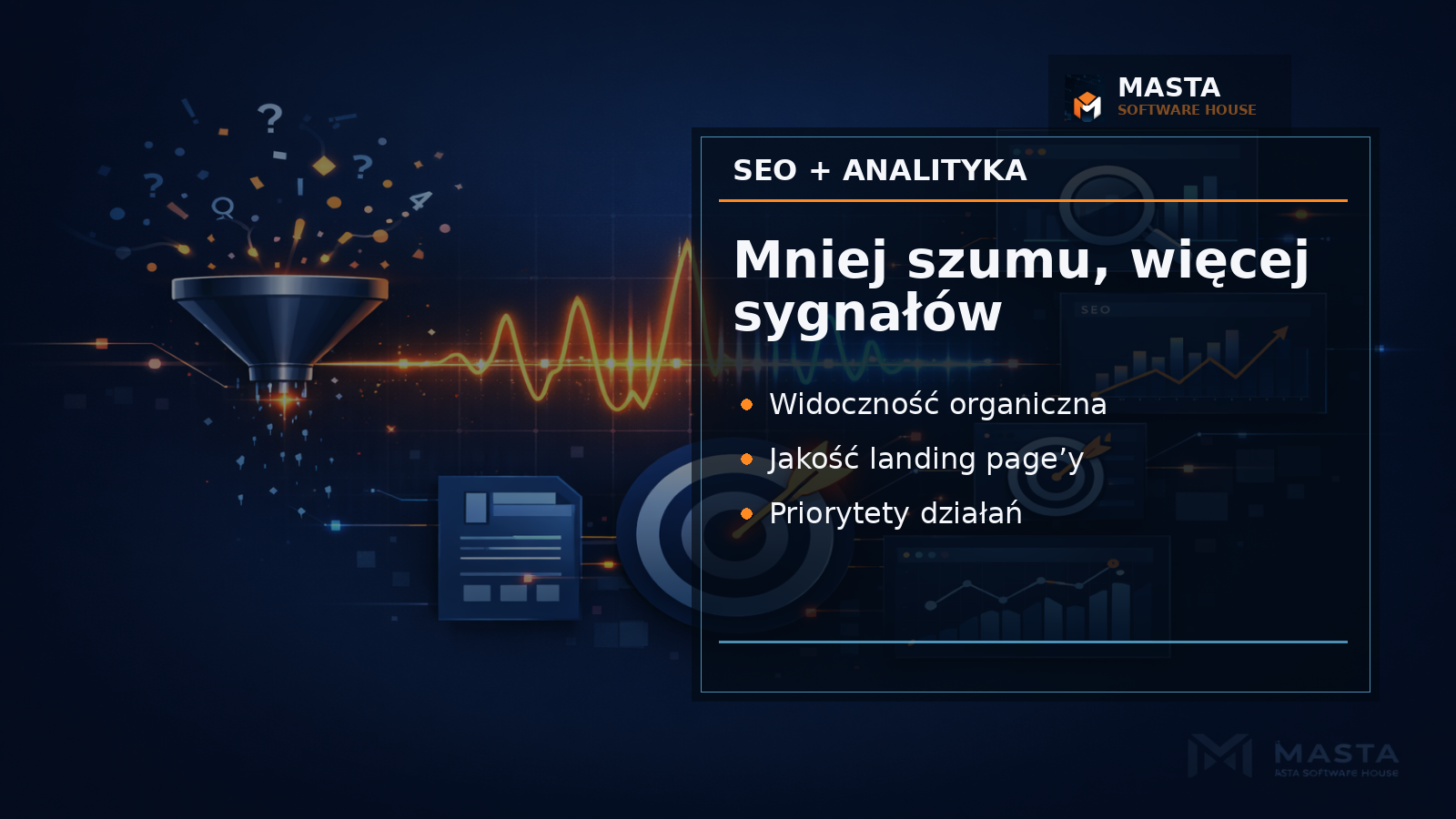 Warstwowa mapa danych SEO, kampanii i zachowania użytkowników na stronie, utrzymana w ciemnej stylistyce premium, z subtelnym brandingiem MASTA SOFTWARE HOUSE.