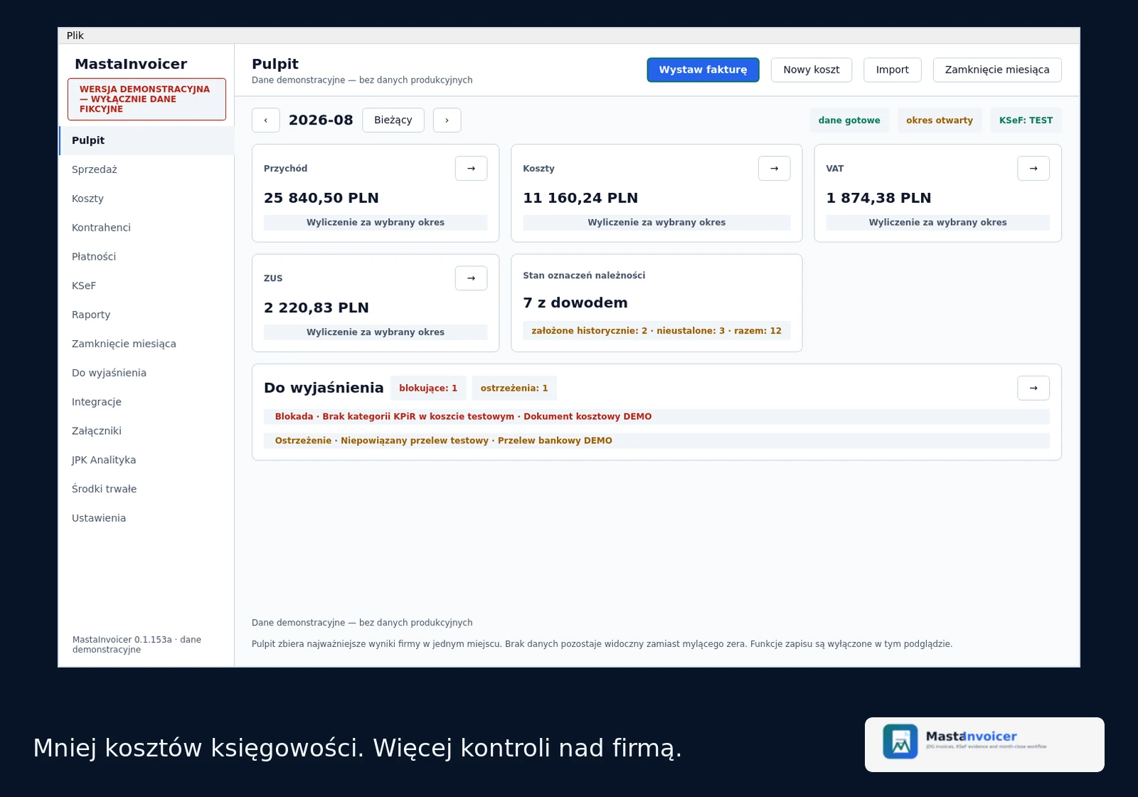 MastaInvoicer — pulpit z podsumowaniem finansów firmy