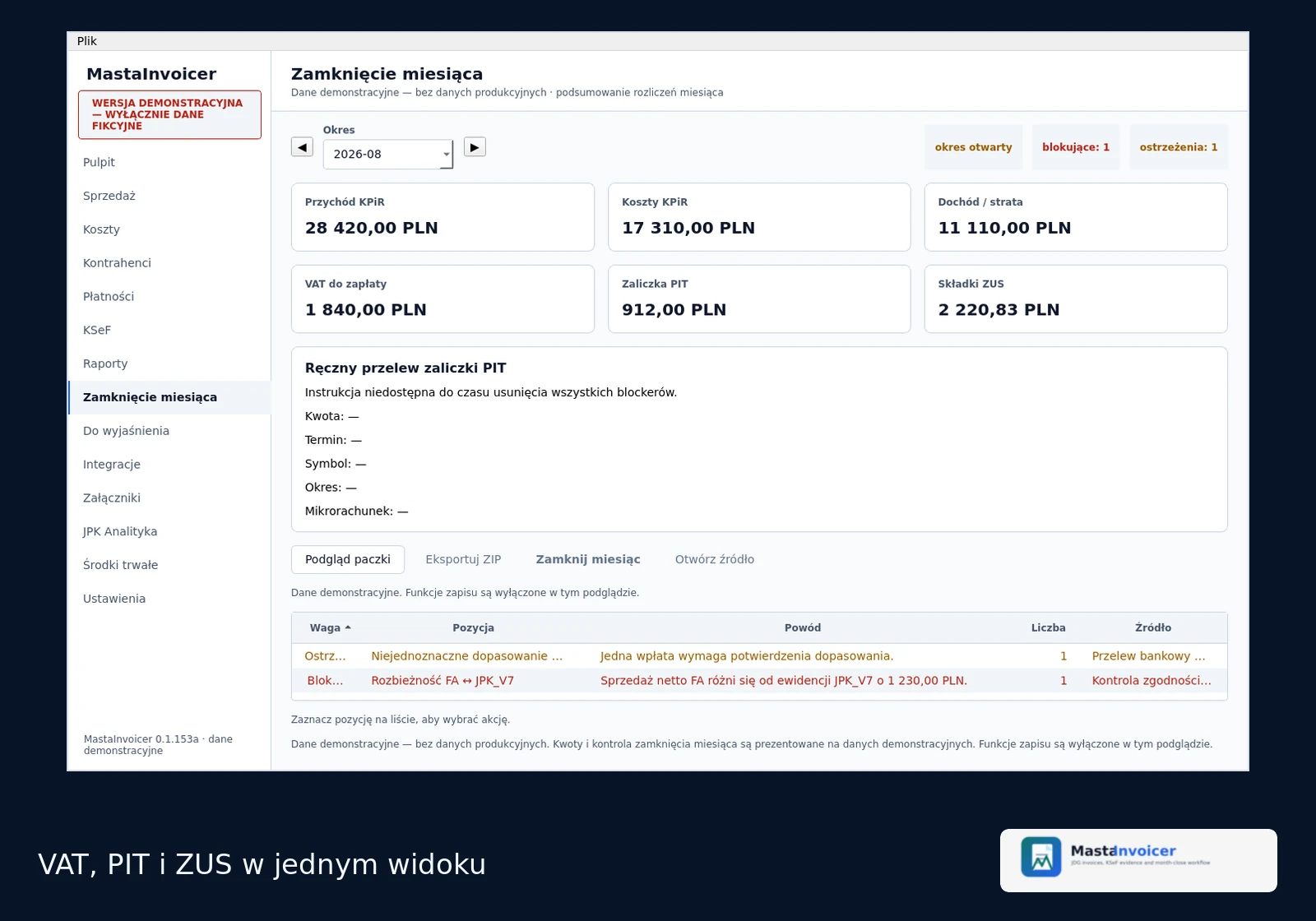 MastaInvoicer — zamknięcie miesiąca i podatki