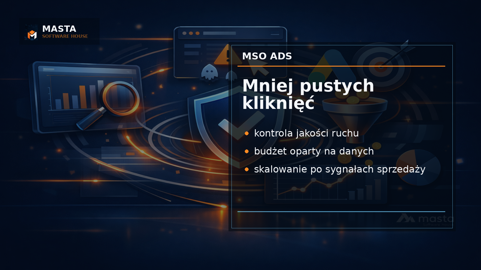 Premium editorial graphic showing Google Ads budget flowing through quality filters into sales signals, branded for Masta Software House
