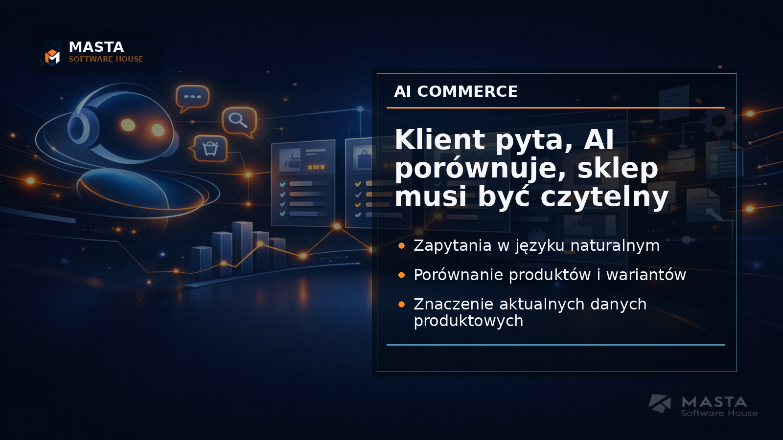 Premium editorial Masta Software House pokazujący ścieżkę od zapytania w asystencie AI do uporządkowanego katalogu produktu w sklepie internetowym.