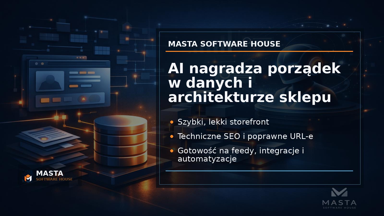 Duża grafika podsumowująca Masta Software House z mapą elementów sklepu gotowego na AI: katalog, SEO, szybkość, integracje, automatyzacje i analityka.