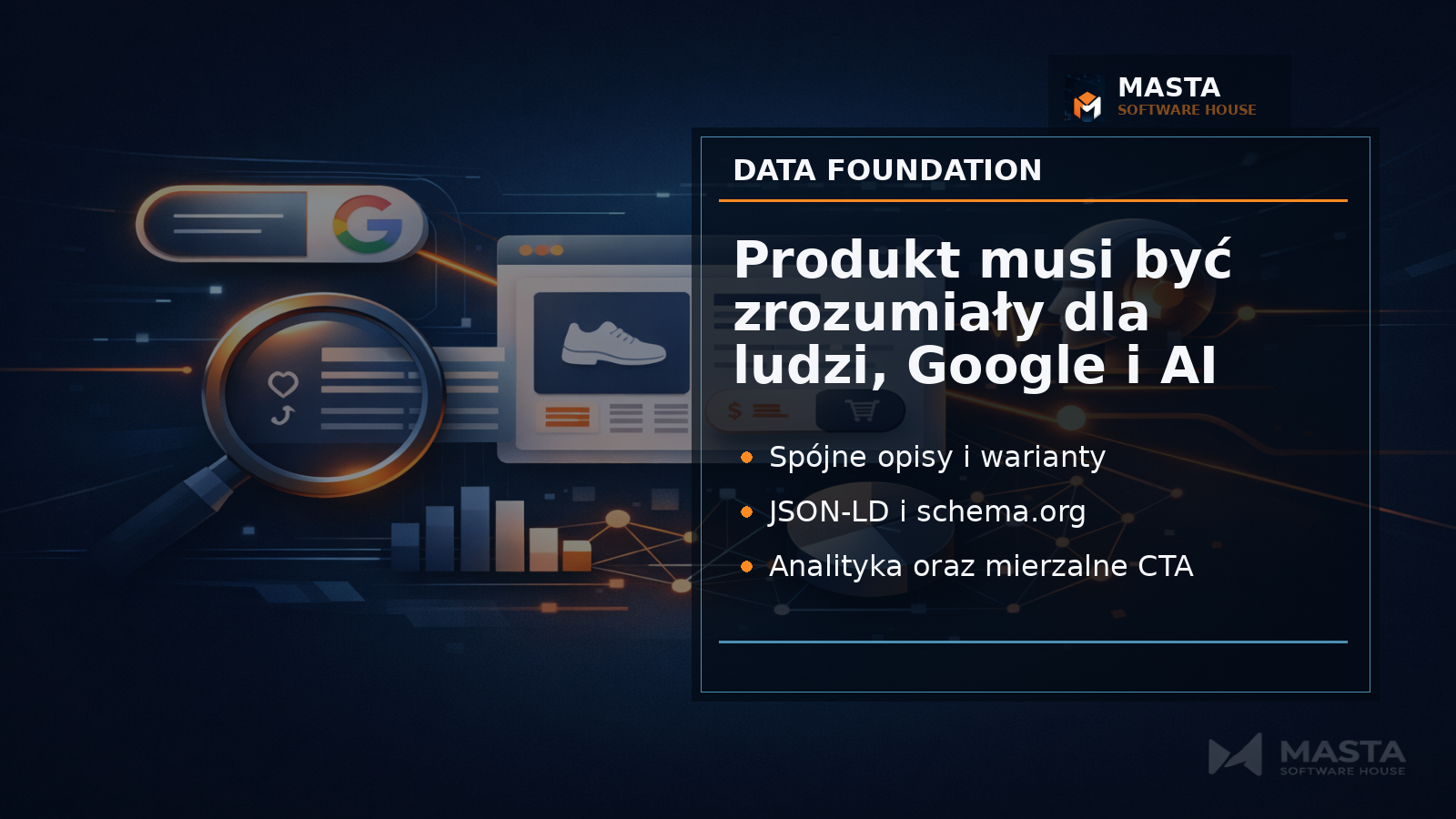 Branded editorial Masta przedstawiający kartę produktu, schema.org, feed produktowy, canonical i analitykę jako połączone moduły sprzedaży online.