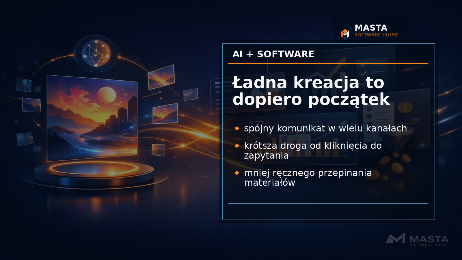 Nowoczesna grafika śródtekstowa pokazująca połączenie grafiki AI, strony docelowej, formularza i panelu wyników, z subtelnym watermarkiem MASTA SOFTWARE HOUSE